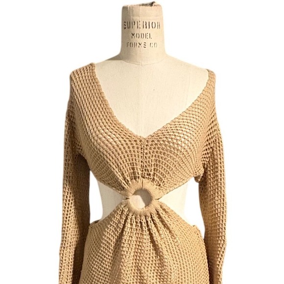 Crochet Cutout Mini Dress Beige Knit Ring Detail Long Sleeve Beach Vacation S - Picture 3 of 8